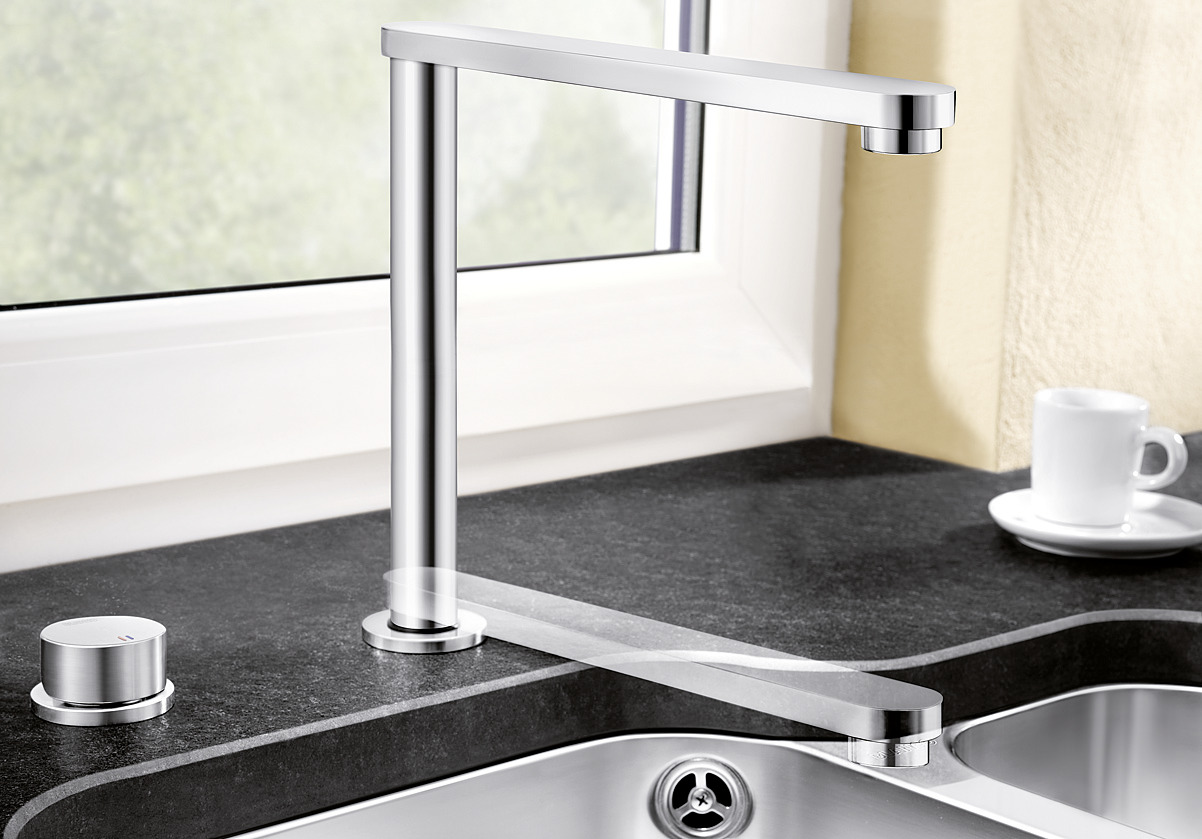 Retractable window-facing mixer taps